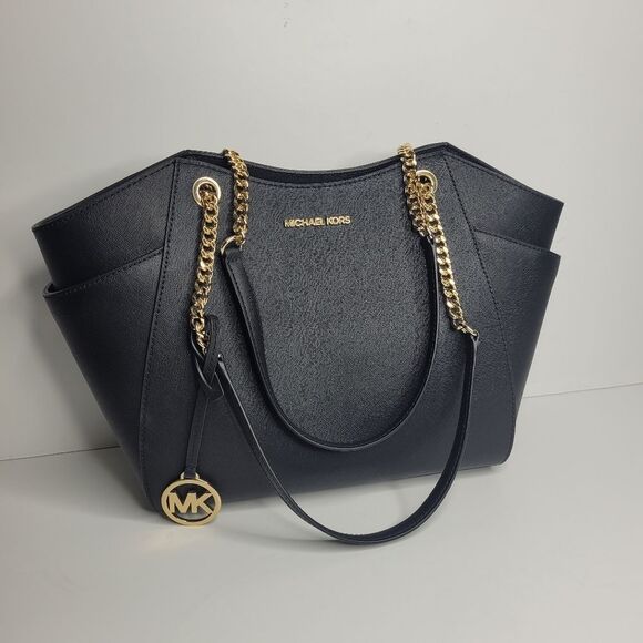 Michael Kors Jet Set Travel LG Chain Shoulder Tote Black Gold - Picture 1 of 7